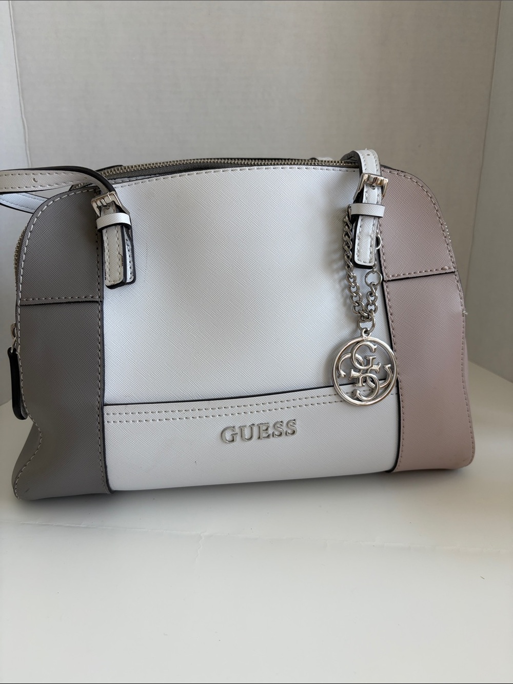 Guess Colorblock Dome Satchel — White, Gray & Blush